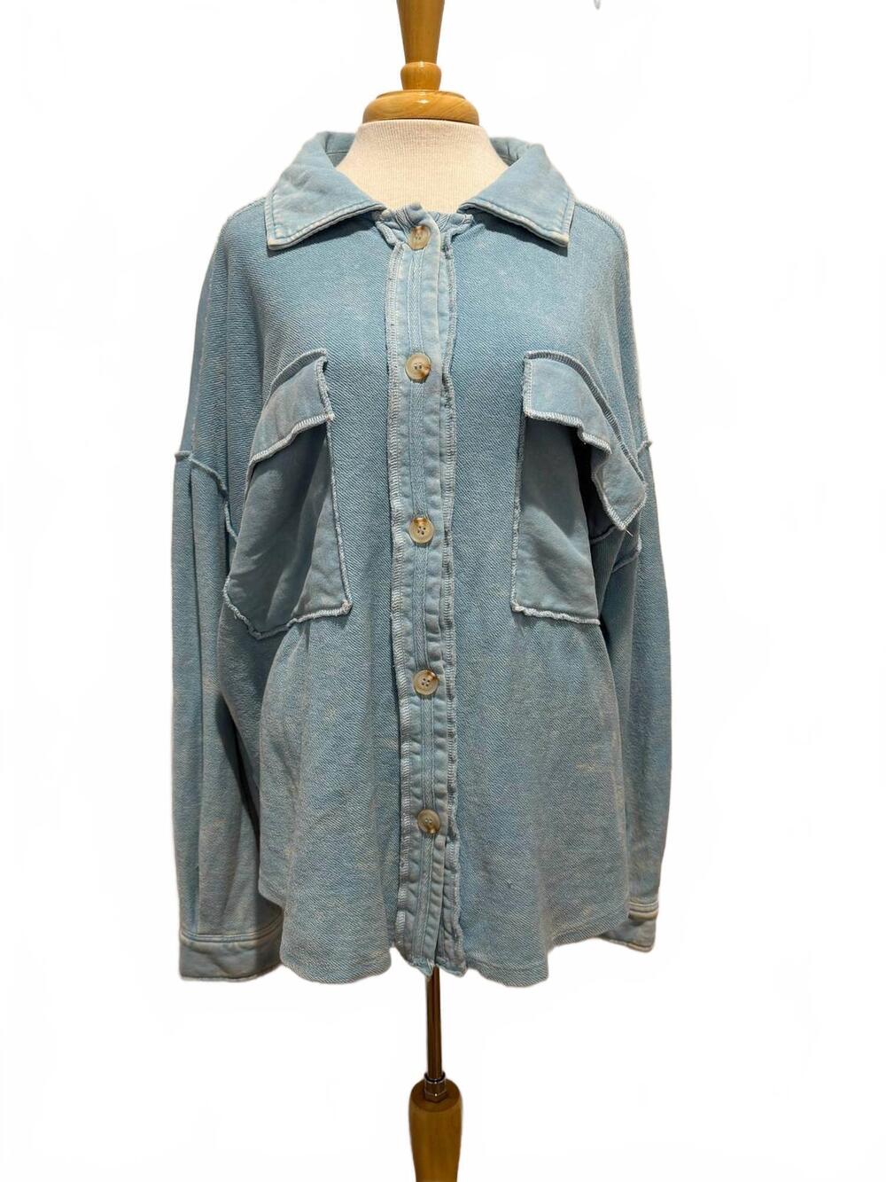 NEW PERCH women's vintage patchwork drop shoulder shacket in blue
